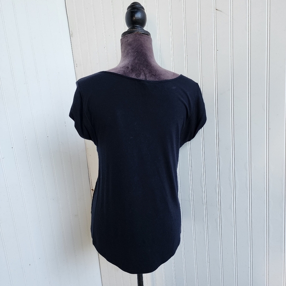 Express Women's Top  Black Navy Blue Silver  Sequins Stretch Back Striped Sz M - Picture 5 of 9